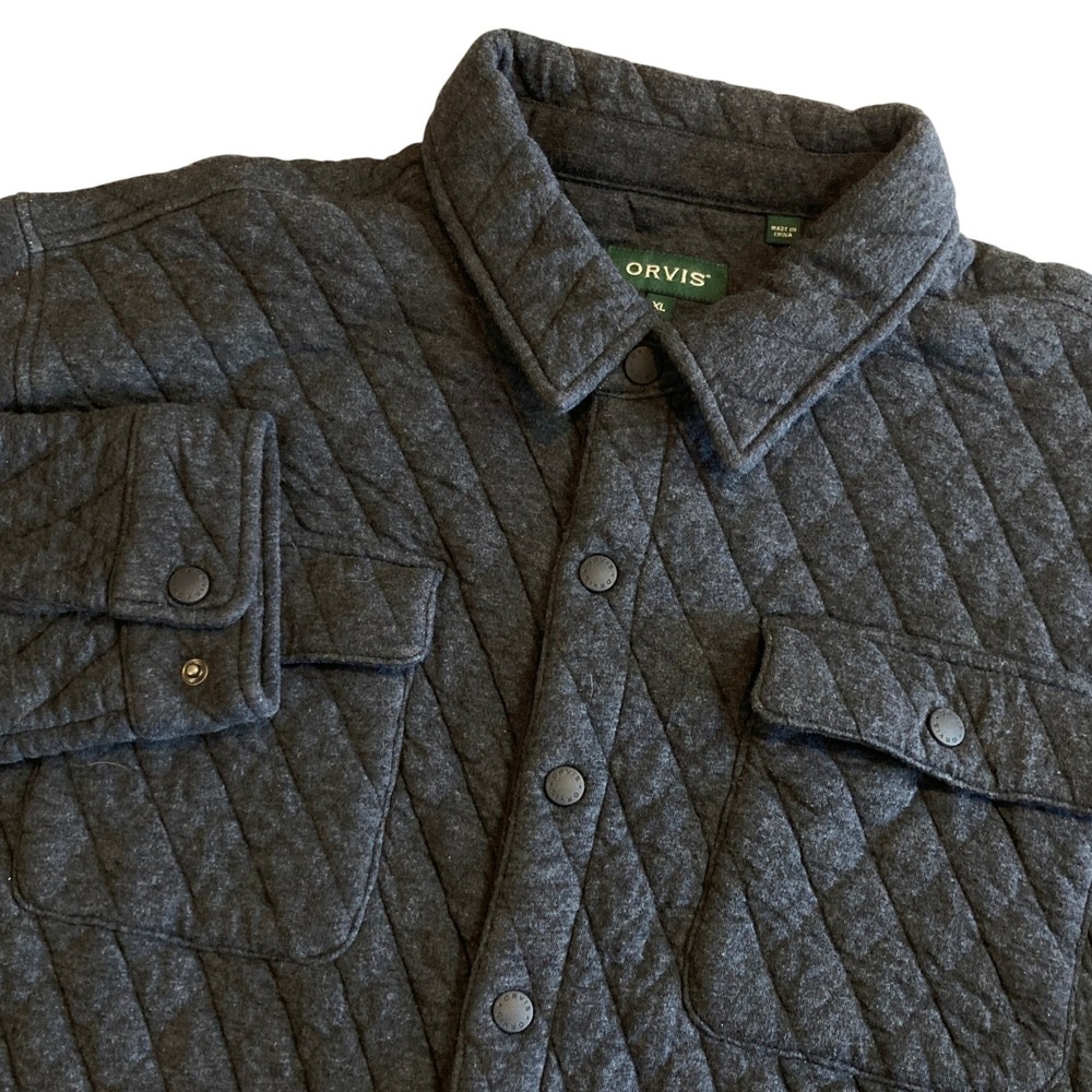 Orvis Quilted Jacket Men XL Charcoal Gray Snap Front Heavy Flannel Shacket